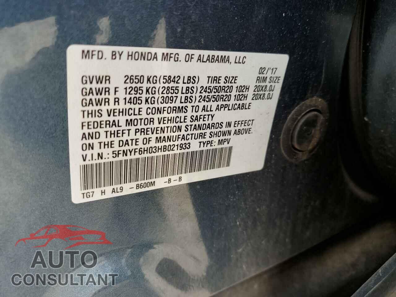 HONDA PILOT 2017 - 5FNYF6H03HB021933