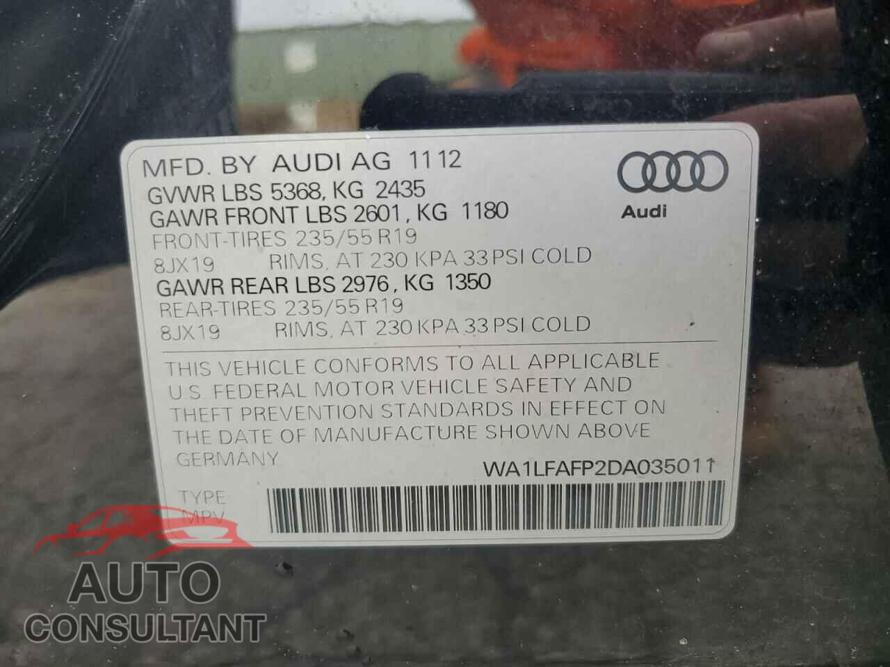 AUDI Q5 2013 - WA1LFAFP2DA035011