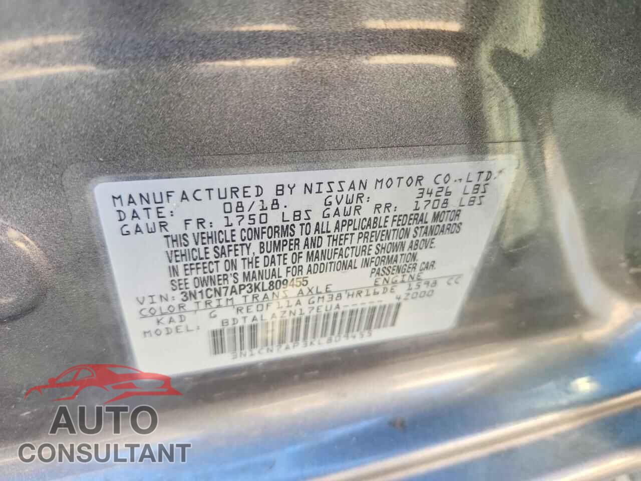 NISSAN VERSA 2019 - 3N1CN7AP3KL809455