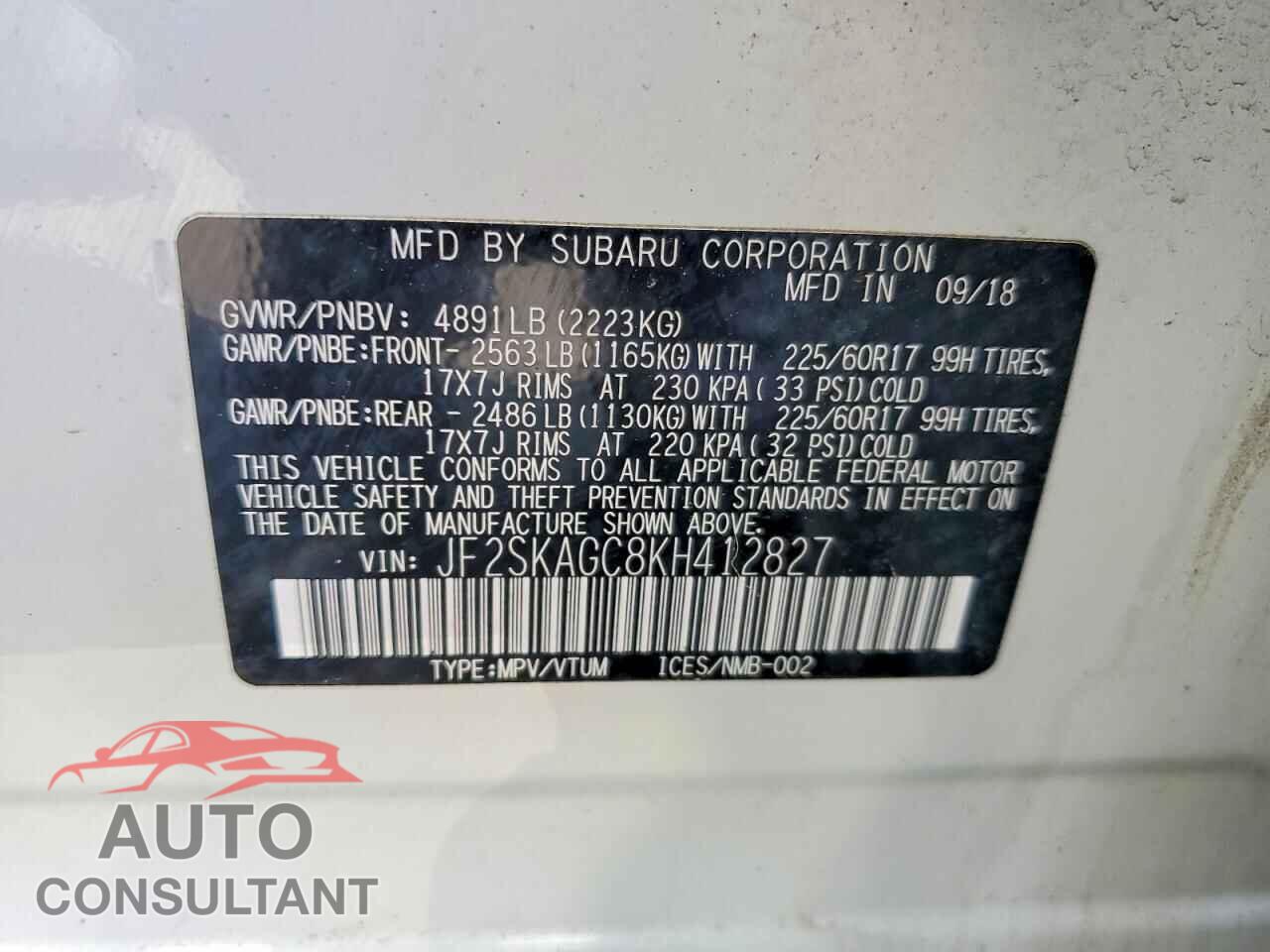 SUBARU FORESTER 2019 - JF2SKAGC8KH412827