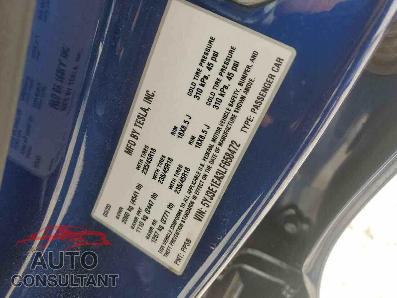 TESLA MODEL 3 2020 - 5YJ3E1EA3LF658472