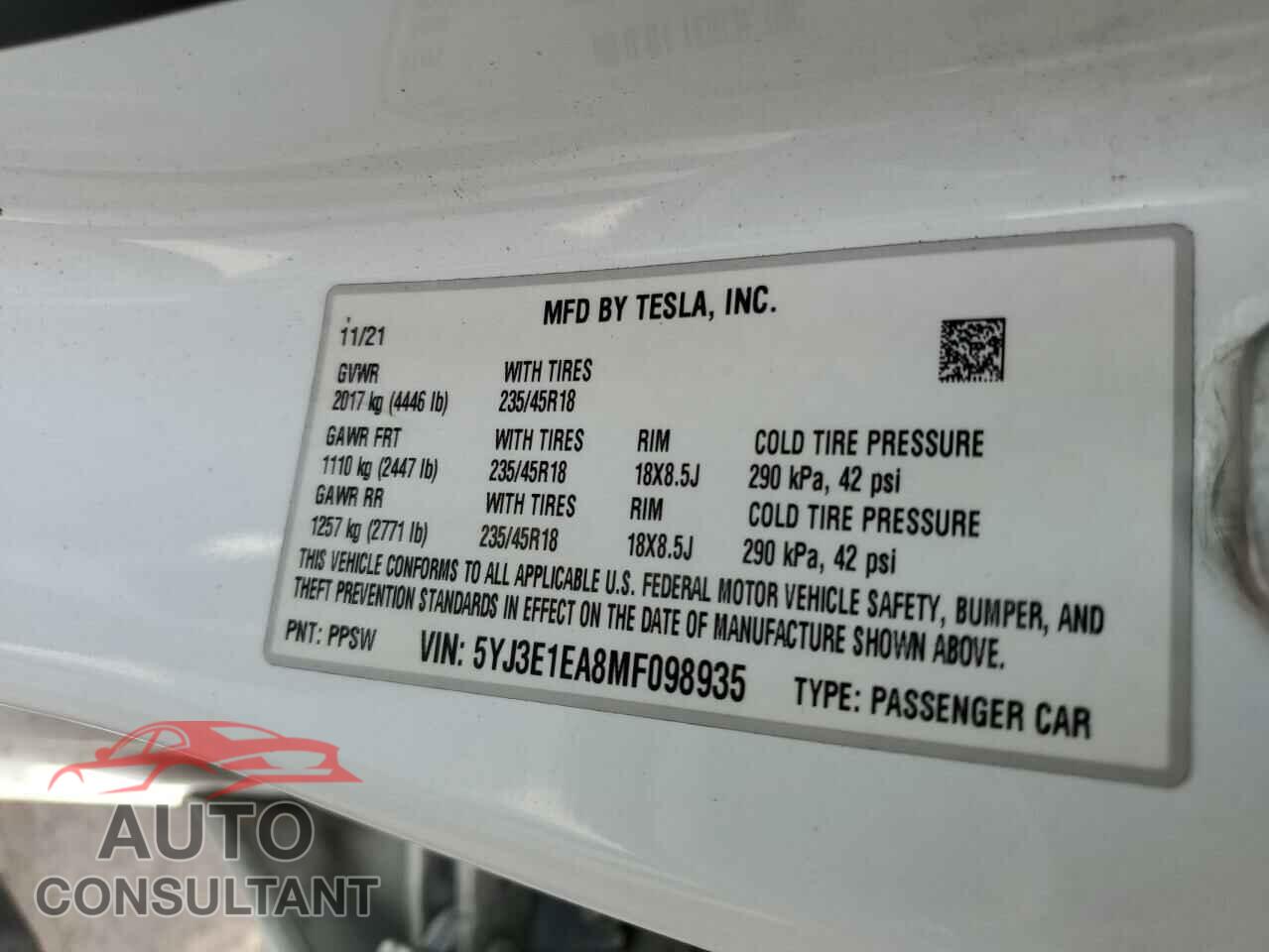 TESLA MODEL 3 2021 - 5YJ3E1EA8MF098935