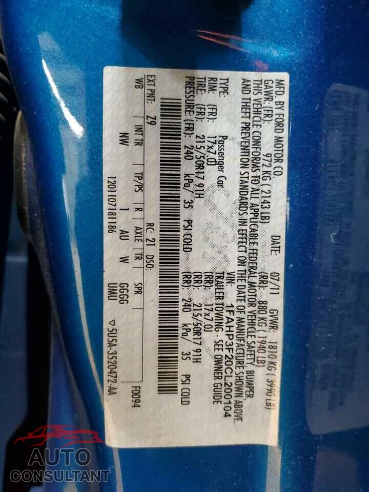FORD FOCUS 2012 - 1FAHP3F20CL200104
