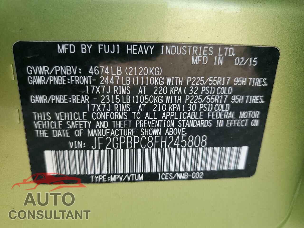 SUBARU XV 2015 - JF2GPBPC8FH245808