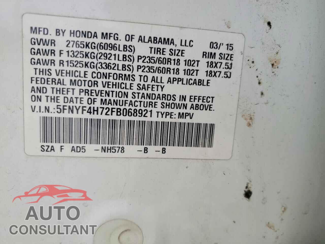 HONDA PILOT 2015 - 5FNYF4H72FB068921