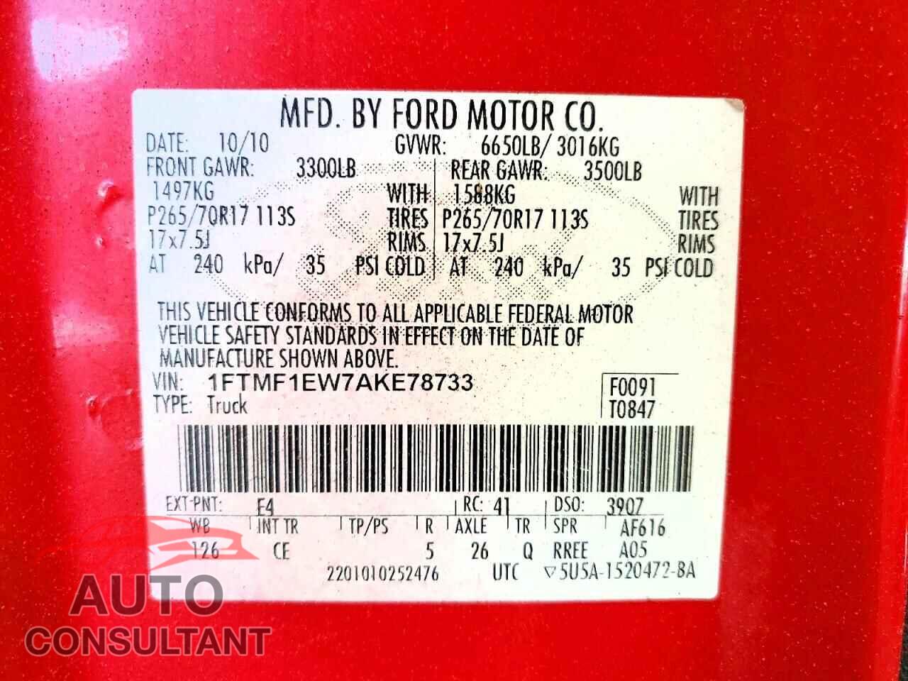 FORD F150 2010 - 1FTMF1EW7AKE78733