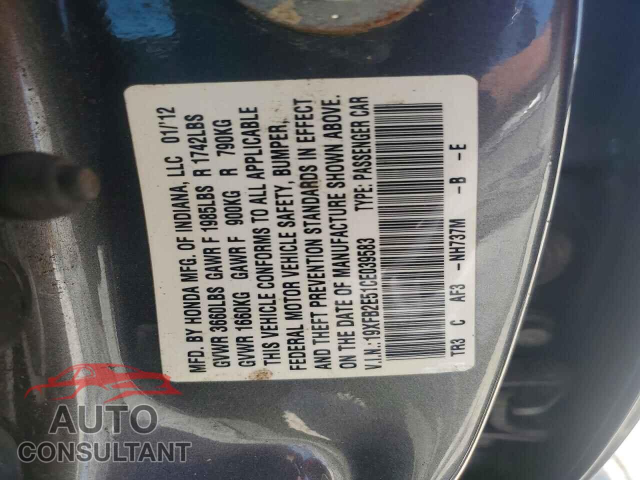 HONDA CIVIC 2012 - 19XFB2E51CE039583