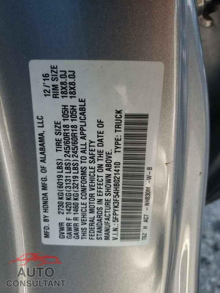 HONDA RIDGELINE 2017 - 5FPYK3F54HB021410