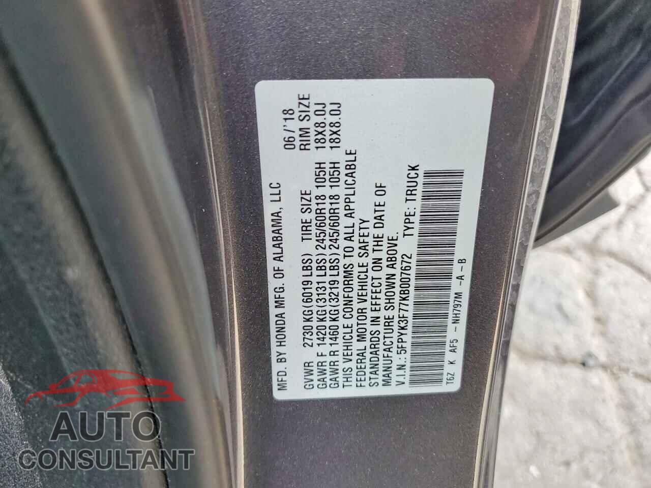 HONDA RIDGELINE 2019 - 5FPYK3F77KB007672