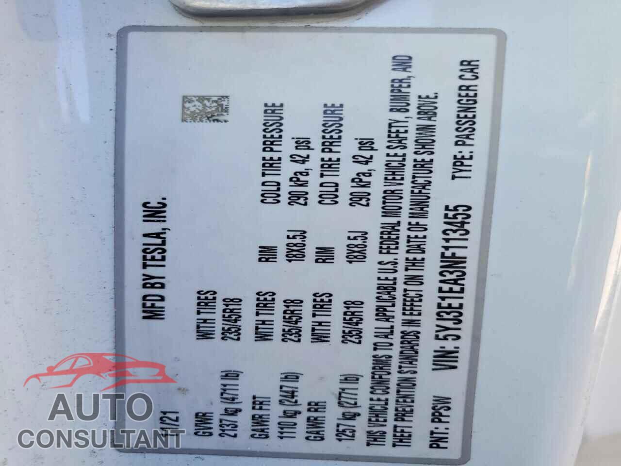 TESLA MODEL 3 2022 - 5YJ3E1EA3NF113455