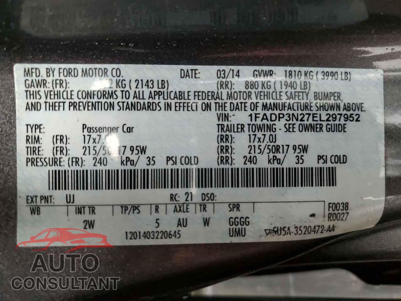 FORD FOCUS 2014 - 1FADP3N27EL297952