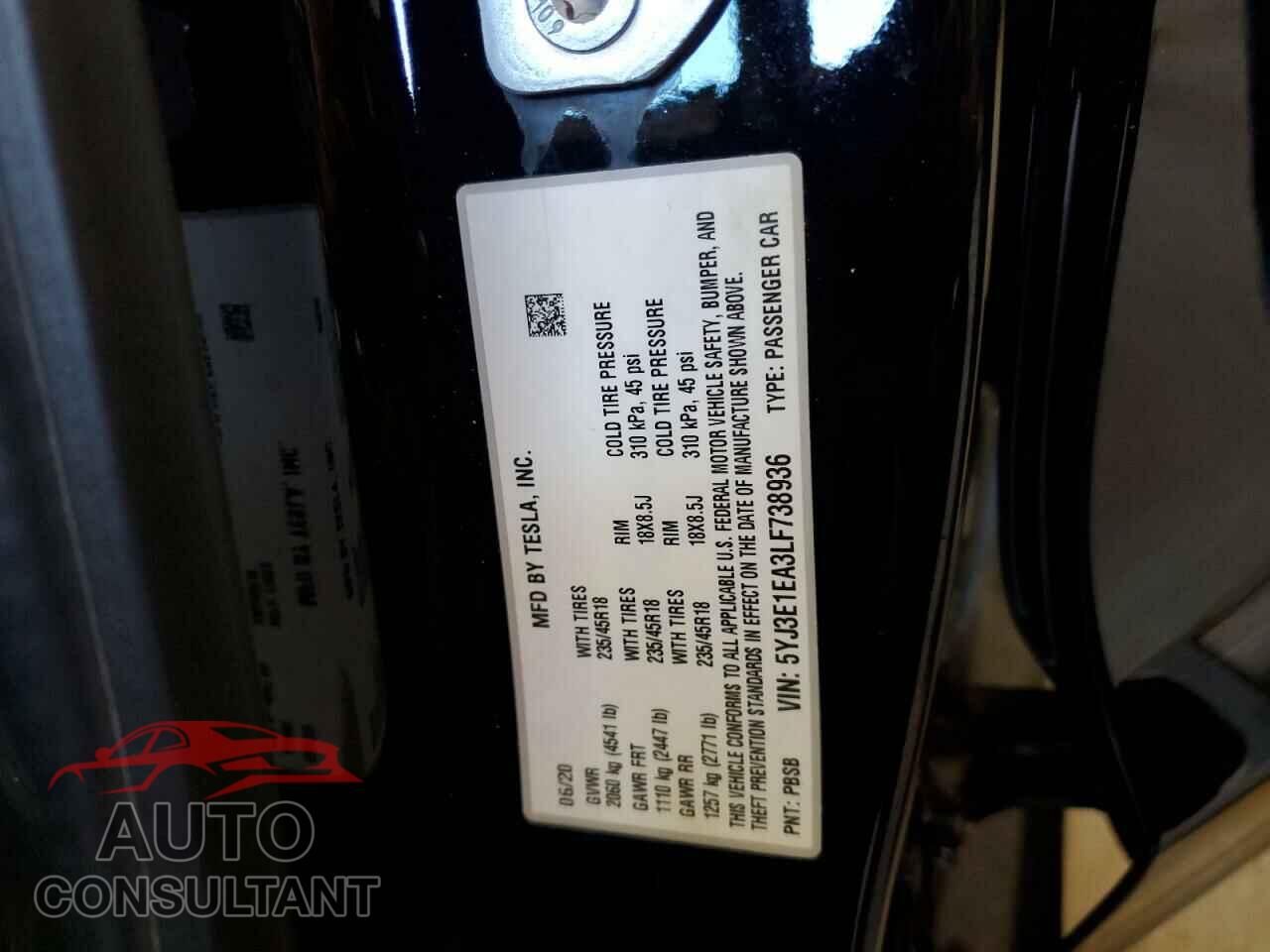TESLA MODEL 3 2020 - 5YJ3E1EA3LF738936