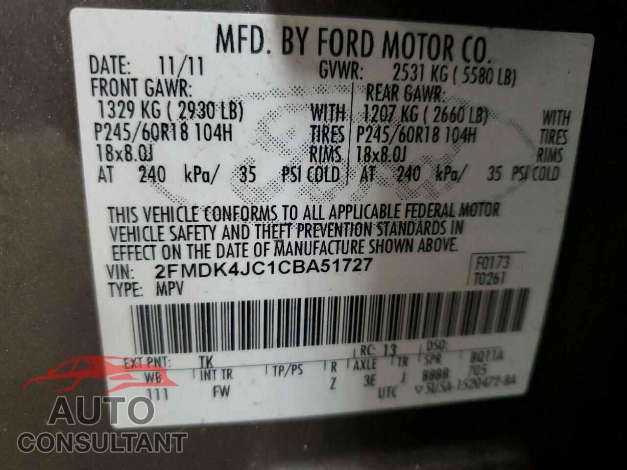 FORD EDGE 2012 - 2FMDK4JC1CBA51727