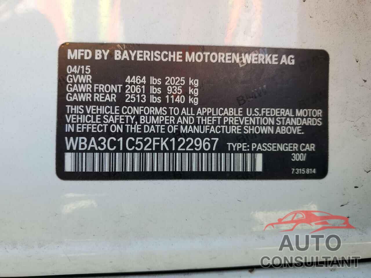 BMW 3 SERIES 2015 - WBA3C1C52FK122967