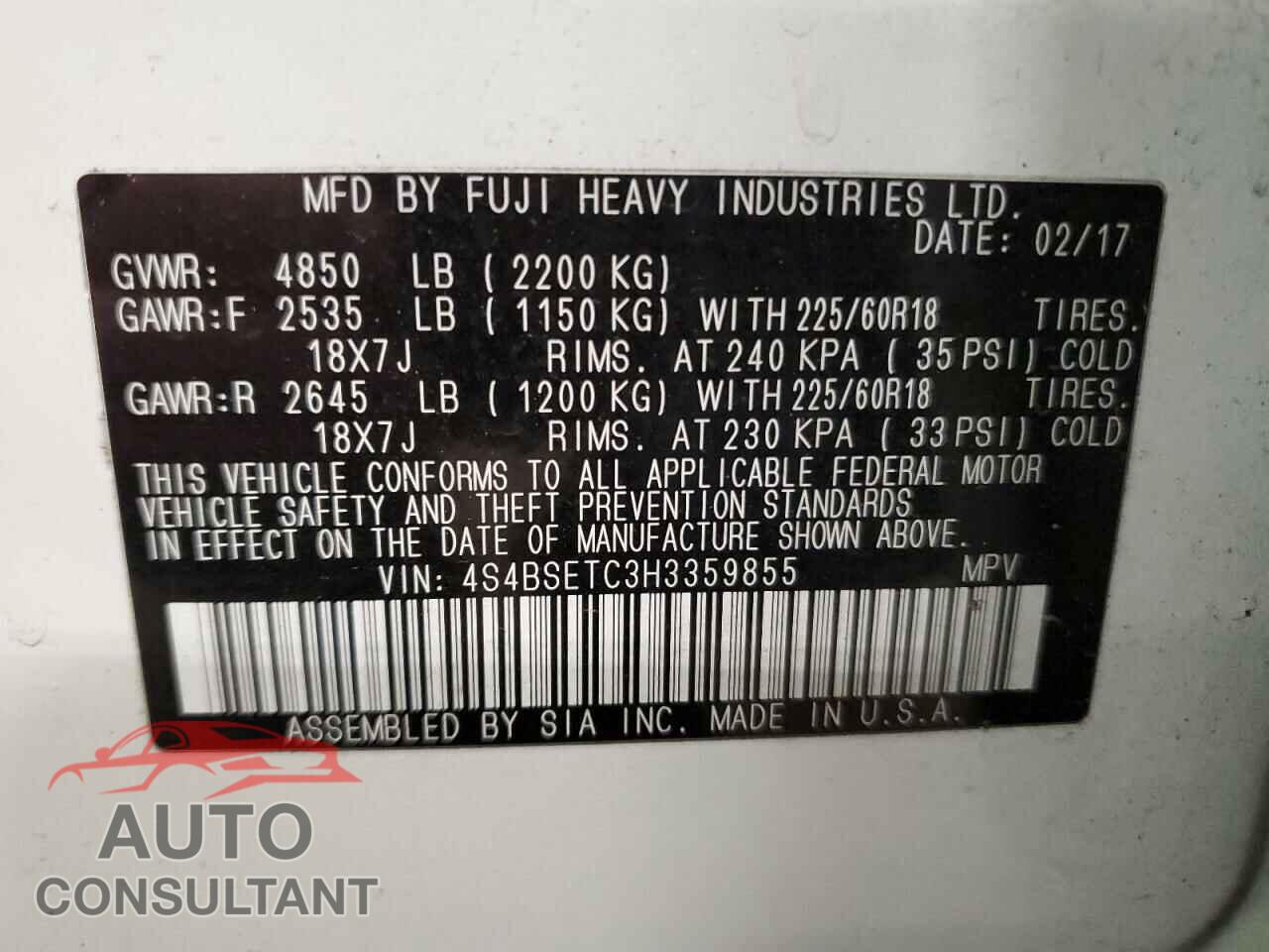 SUBARU OUTBACK 2017 - 4S4BSETC3H3359855