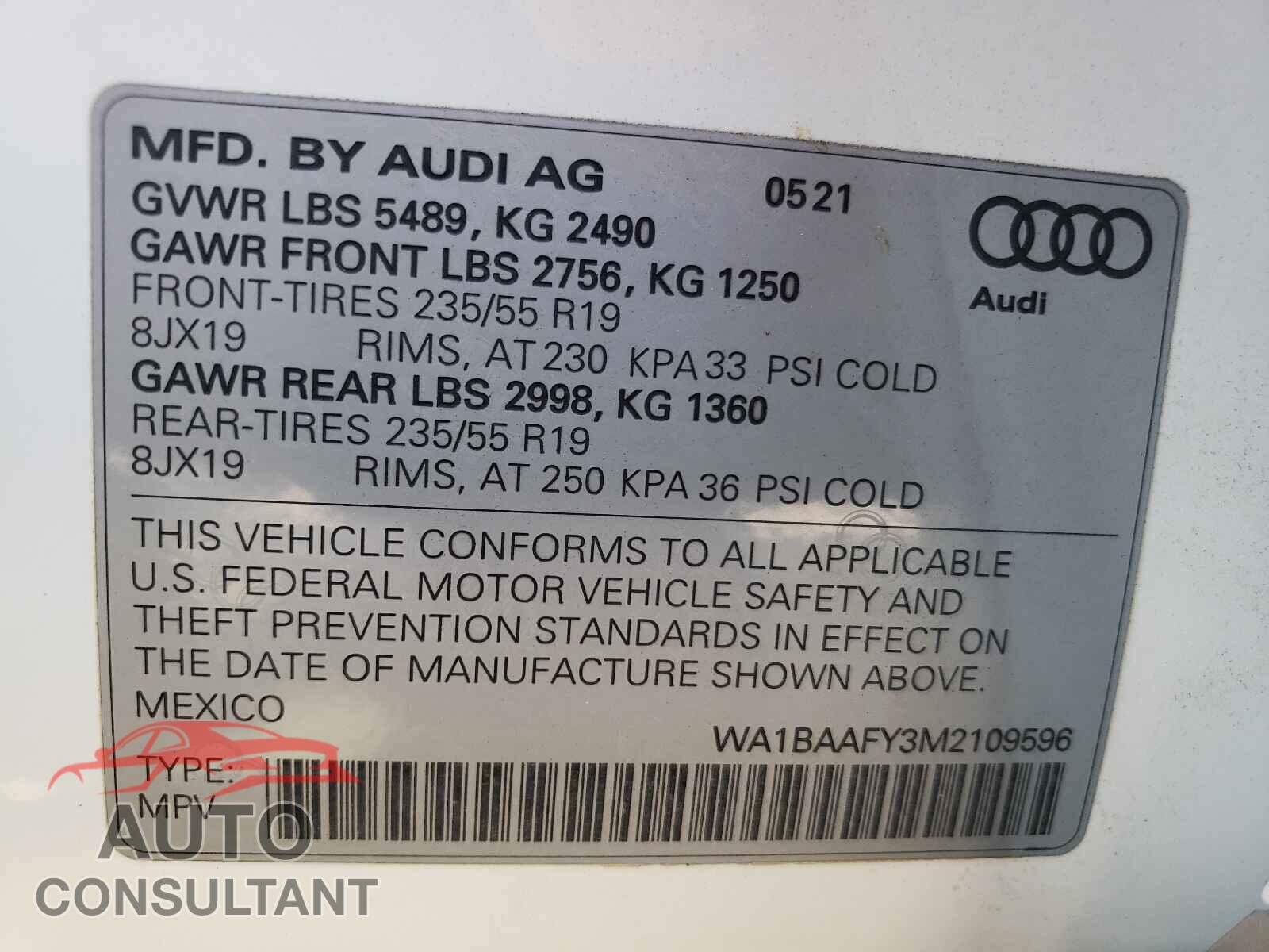 AUDI Q5 2021 - WA1BAAFY3M2109596
