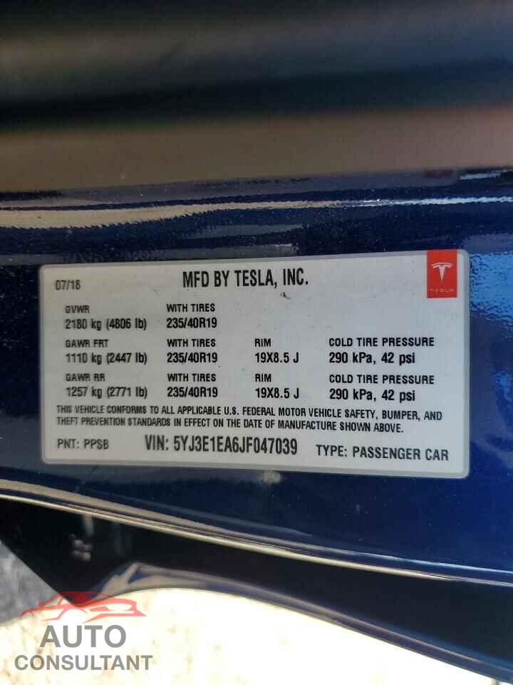 TESLA MODEL 3 2018 - 5YJ3E1EA6JF047039