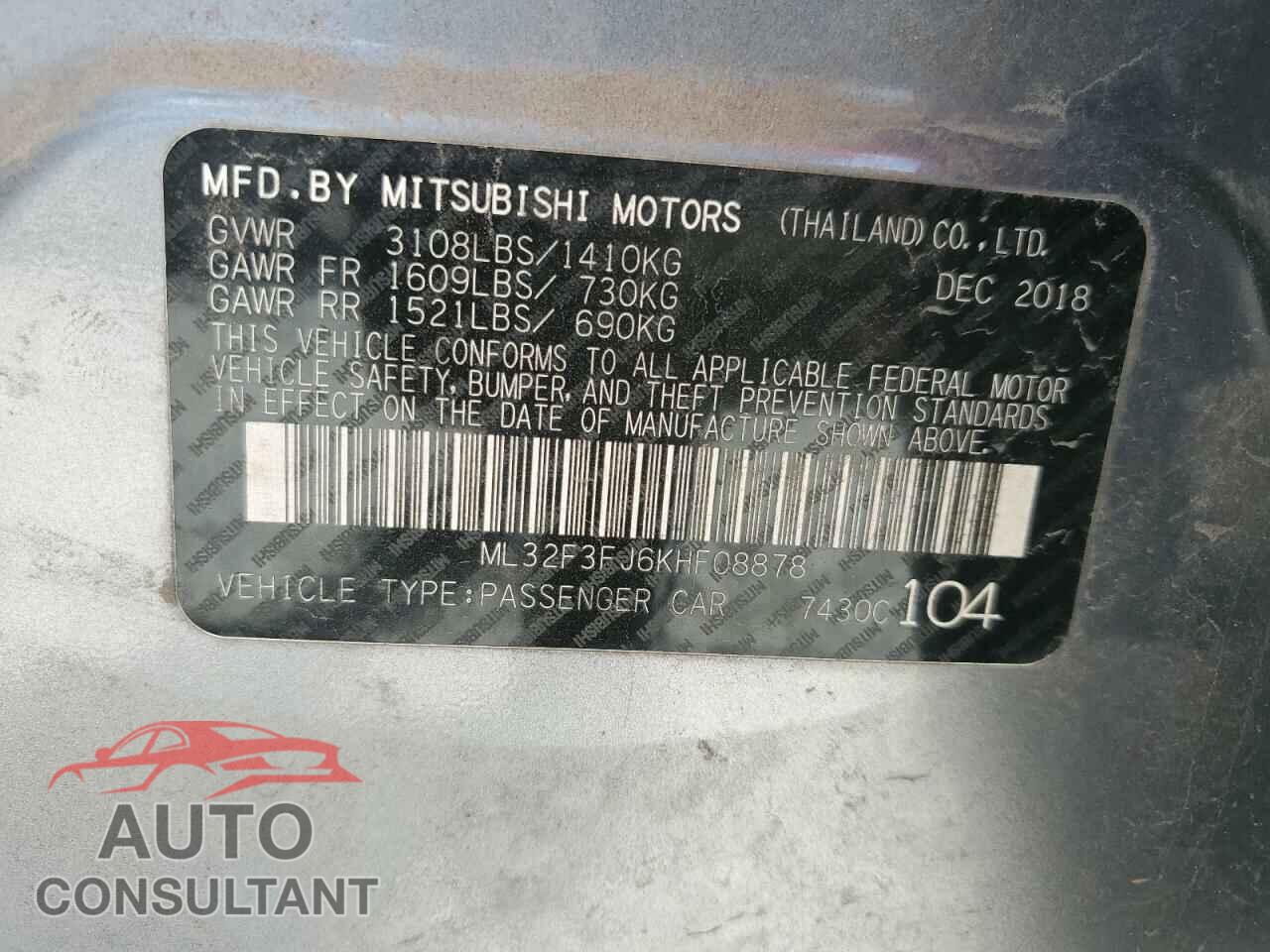 MITSUBISHI MIRAGE 2019 - ML32F3FJ6KHF08878