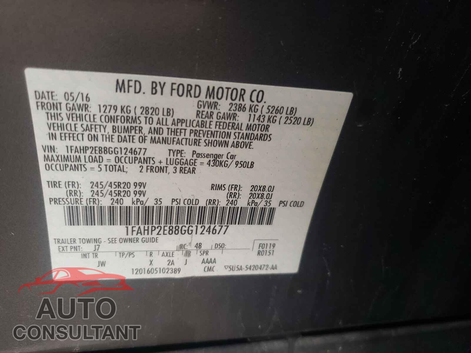 FORD TAURUS 2016 - 1FAHP2E88GG124677