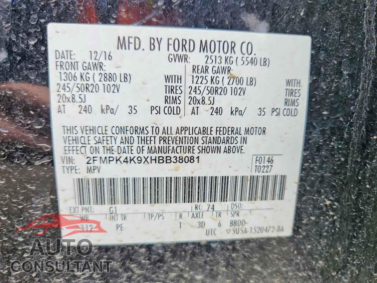 FORD EDGE 2017 - 2FMPK4K9XHBB38081