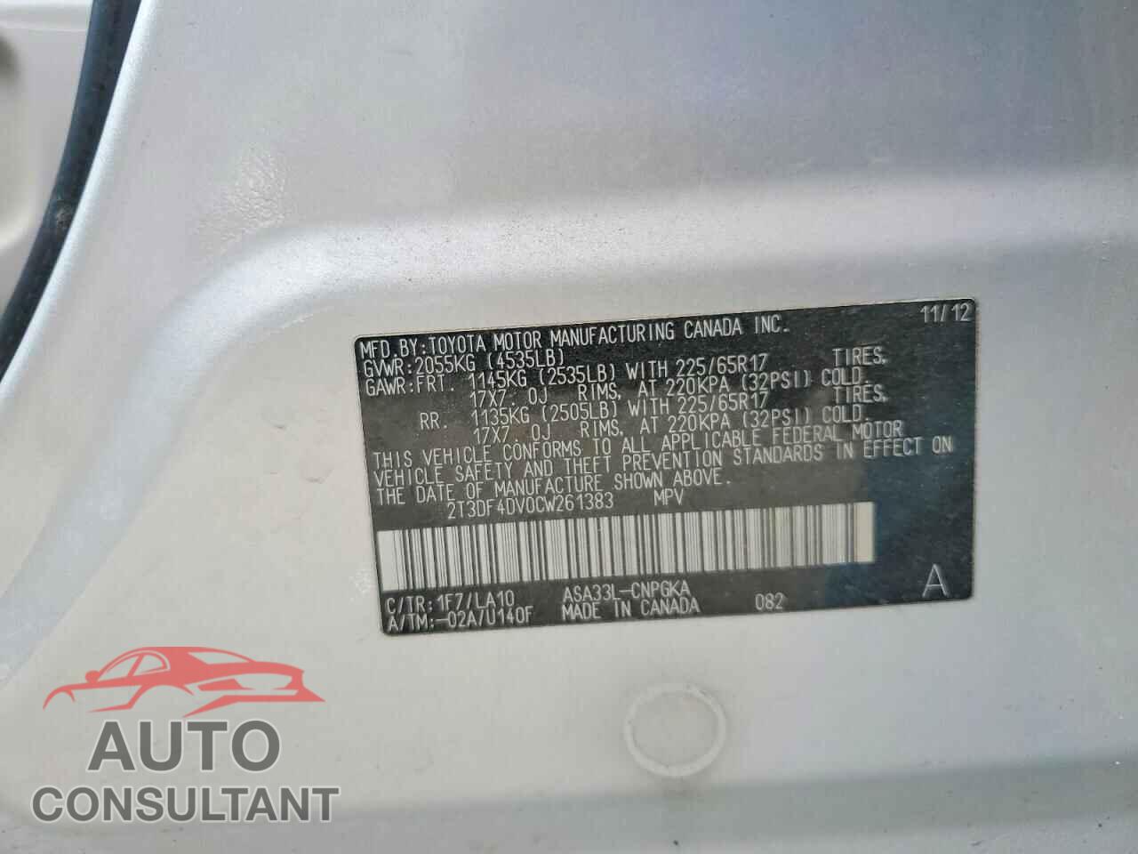 TOYOTA RAV4 2012 - 2T3DF4DV0CW261383