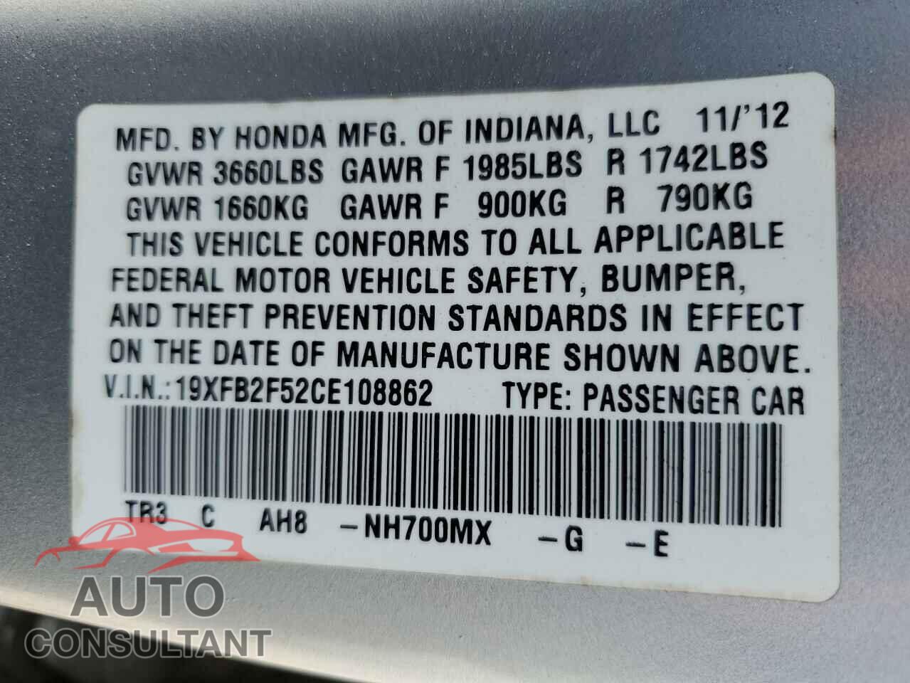 HONDA CIVIC 2012 - 19XFB2F52CE108862