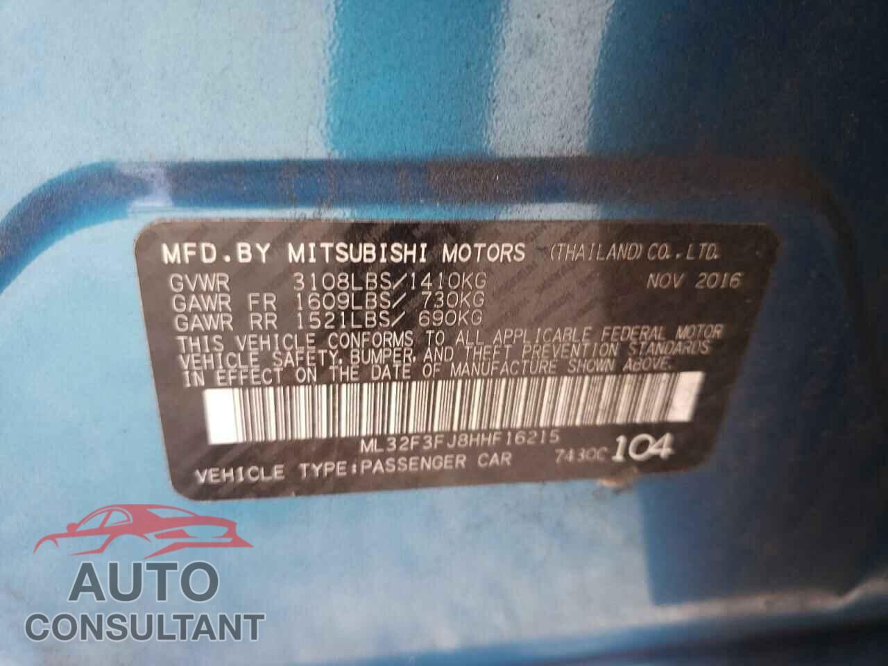 MITSUBISHI MIRAGE 2017 - ML32F3FJ8HHF16215