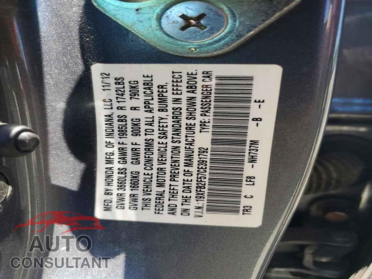 HONDA CIVIC 2012 - 19XFB2F57CE391792