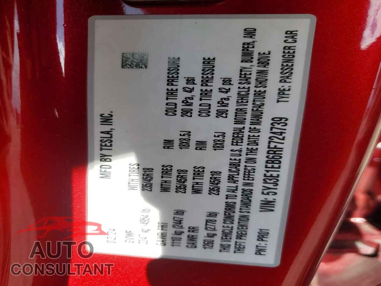 TESLA MODEL 3 2024 - 5YJ3E1EB6RF724739