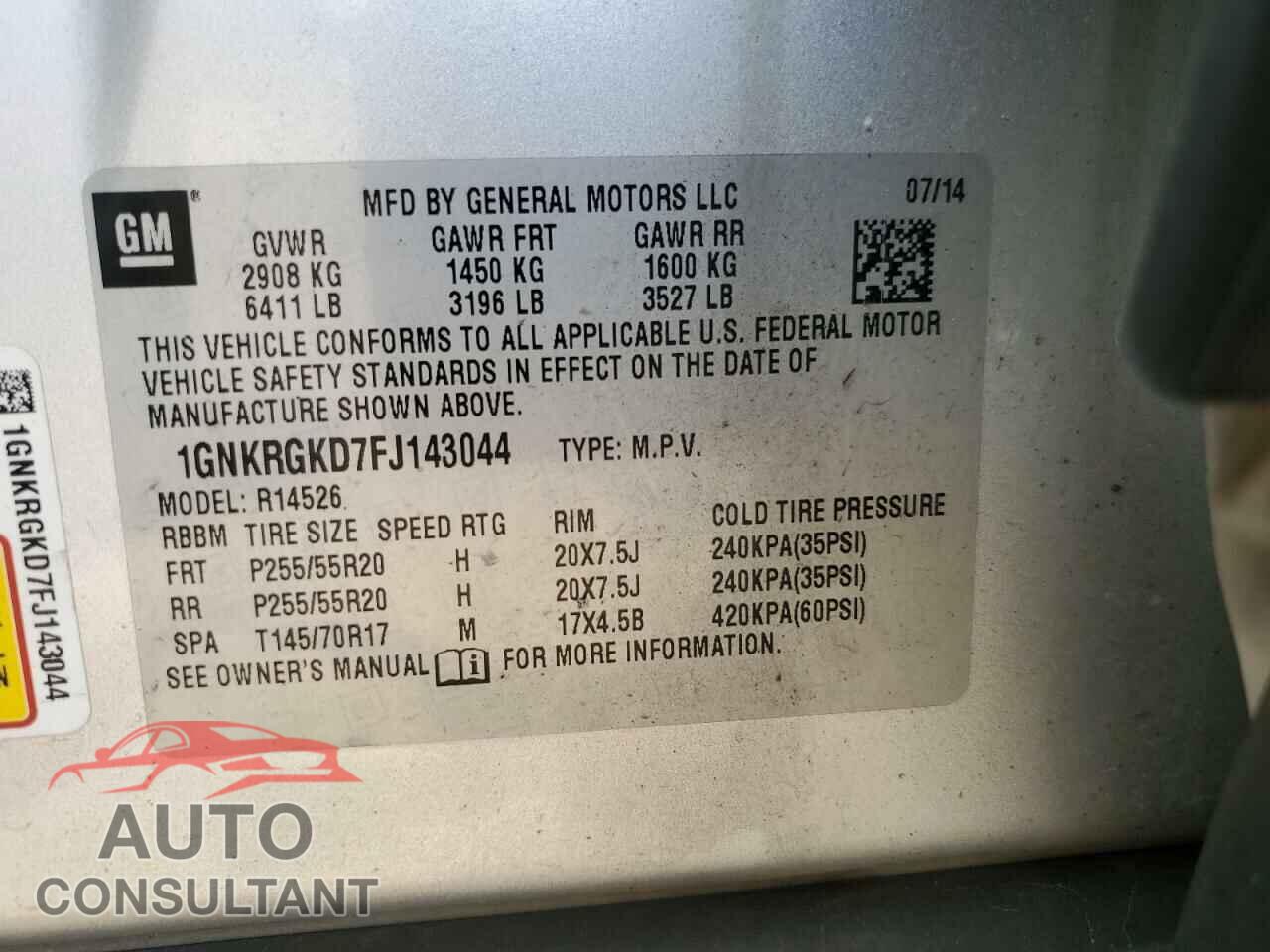 CHEVROLET TRAVERSE 2015 - 1GNKRGKD7FJ143044
