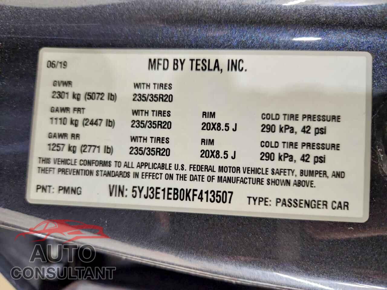 TESLA MODEL 3 2019 - 5YJ3E1EB0KF413507
