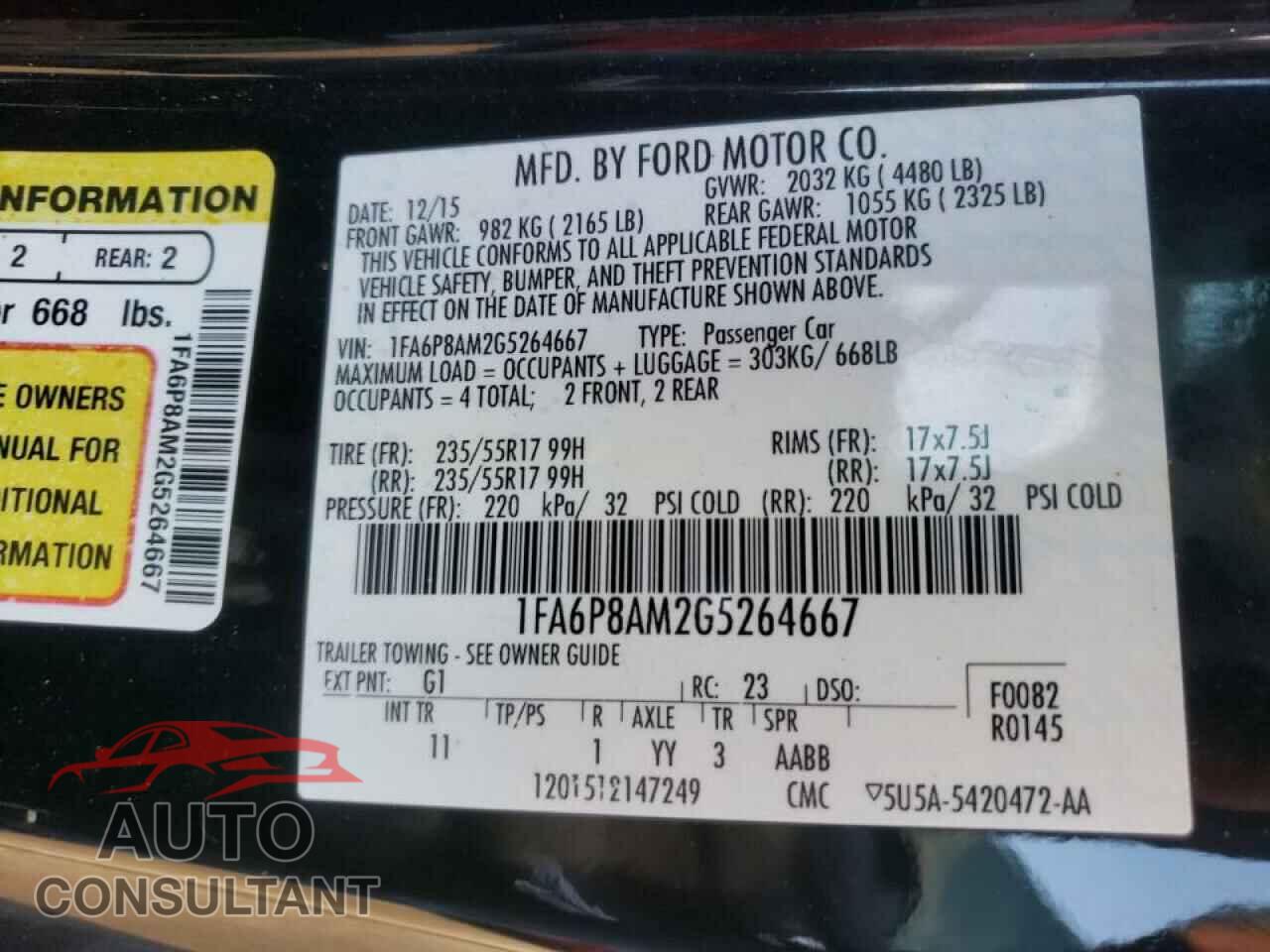 FORD MUSTANG 2016 - 1FA6P8AM2G5264667