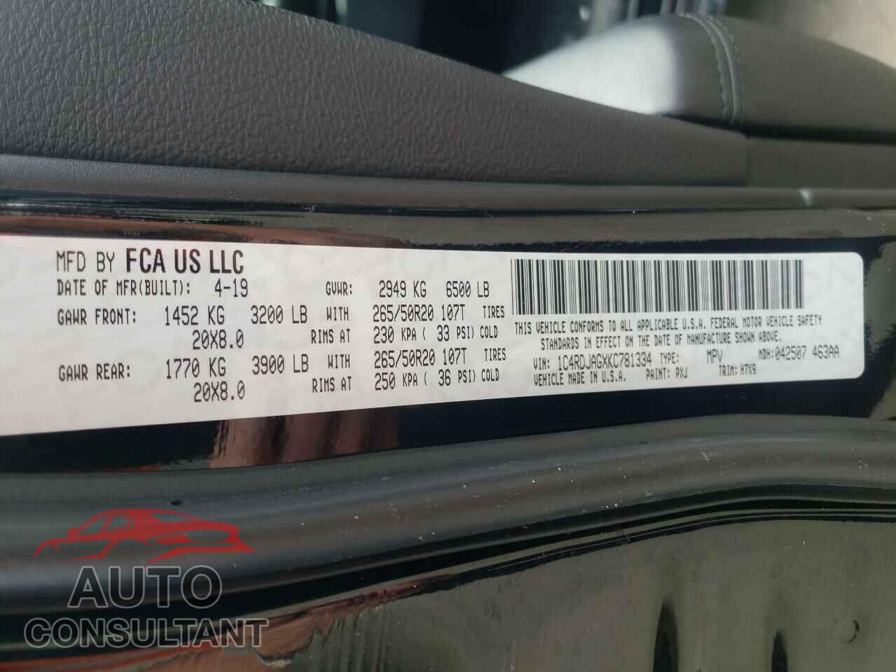 DODGE DURANGO 2019 - 1C4RDJAGXKC781334