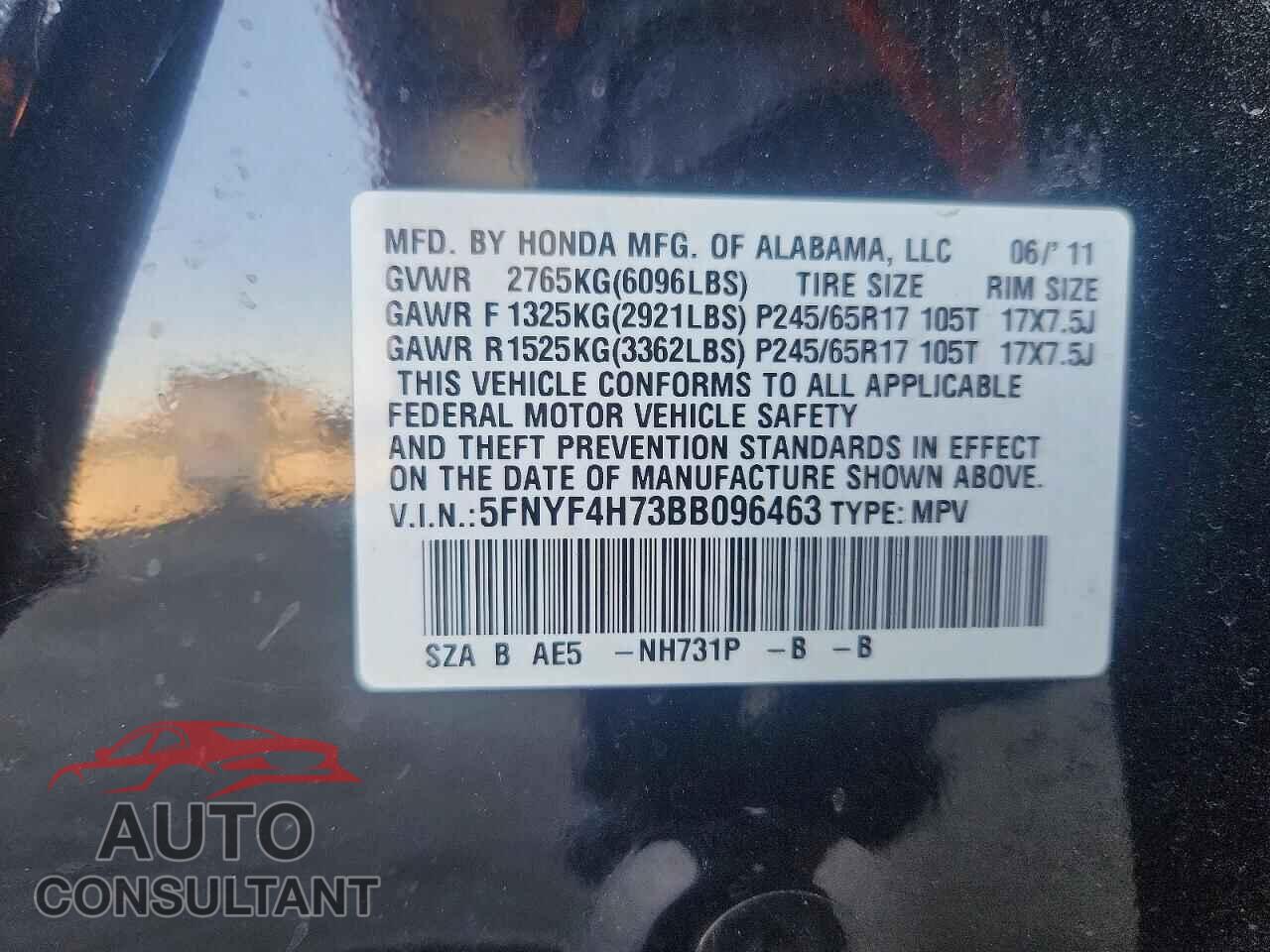 HONDA PILOT 2011 - 5FNYF4H73BB096463