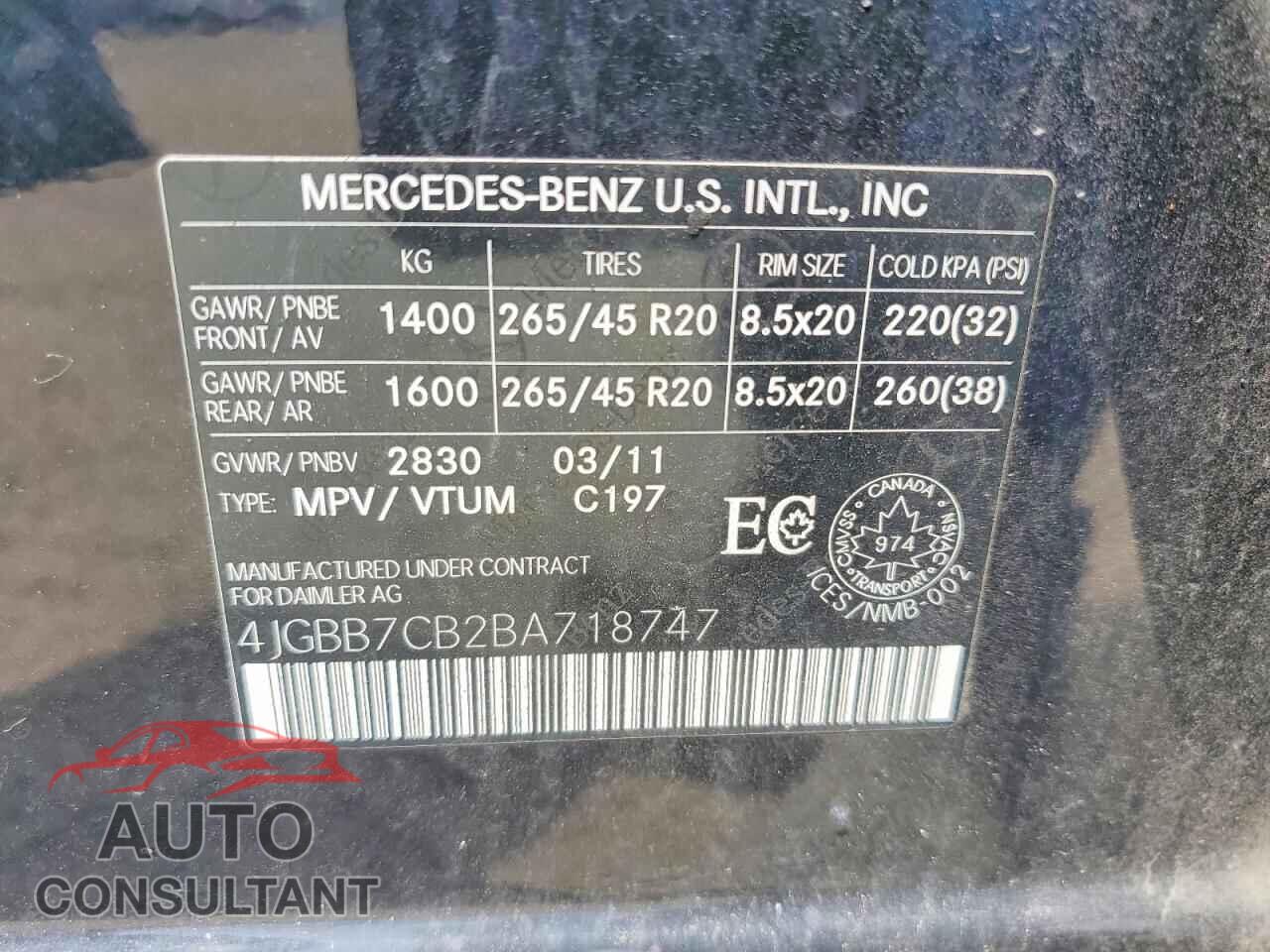 MERCEDES-BENZ M-CLASS 2011 - 4JGBB7CB2BA718747