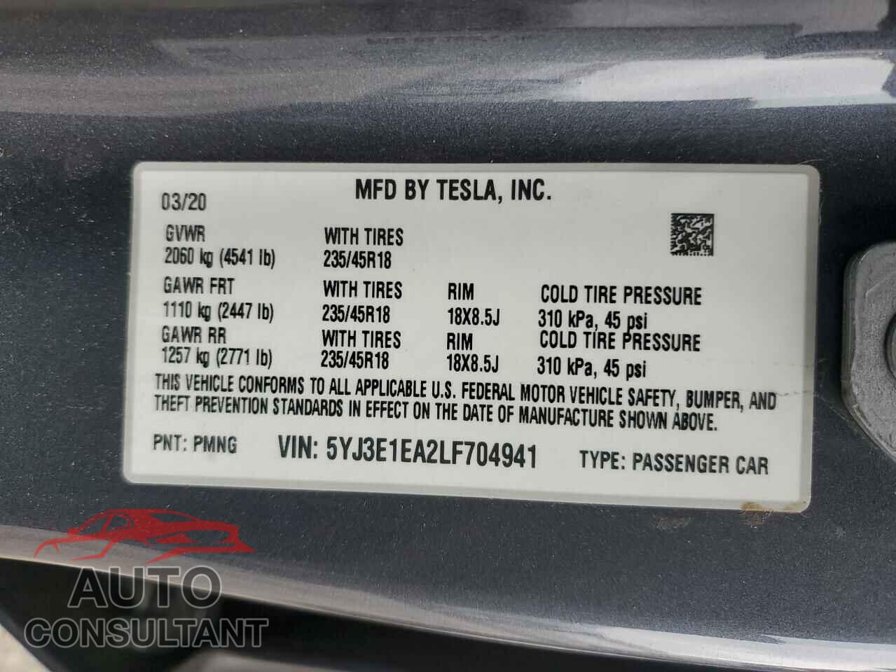 TESLA MODEL 3 2020 - 5YJ3E1EA2LF704941