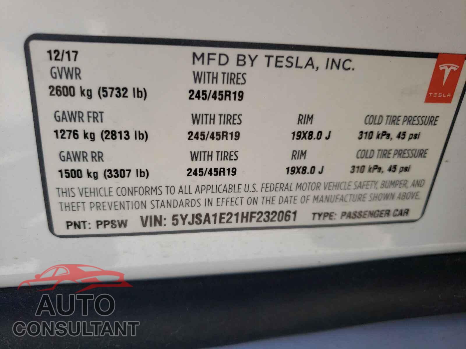 TESLA MODEL S 2017 - 5YJSA1E21HF232061