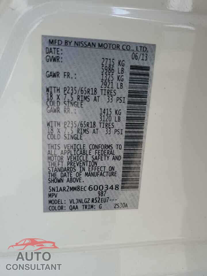 NISSAN PATHFINDER 2014 - 5N1AR2MM8EC600348