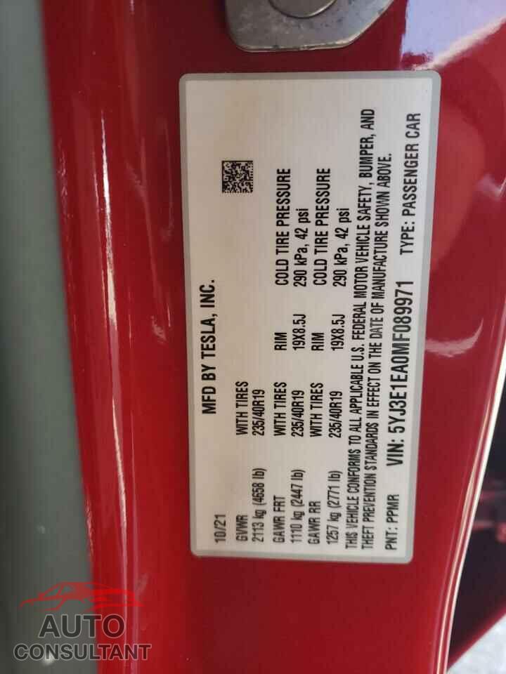 TESLA MODEL 3 2021 - 5YJ3E1EA0MF089971