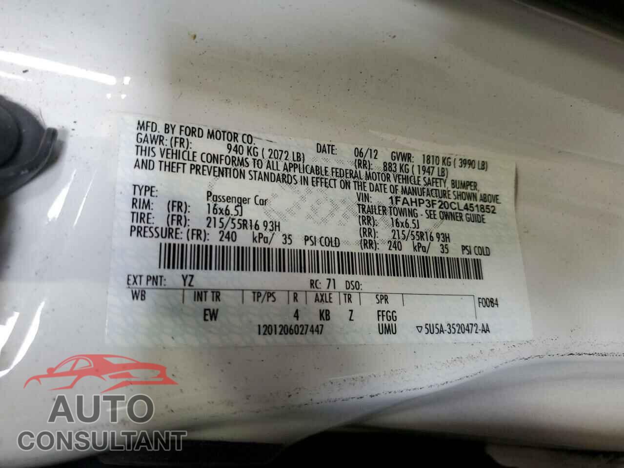 FORD FOCUS 2012 - 1FAHP3F20CL451852