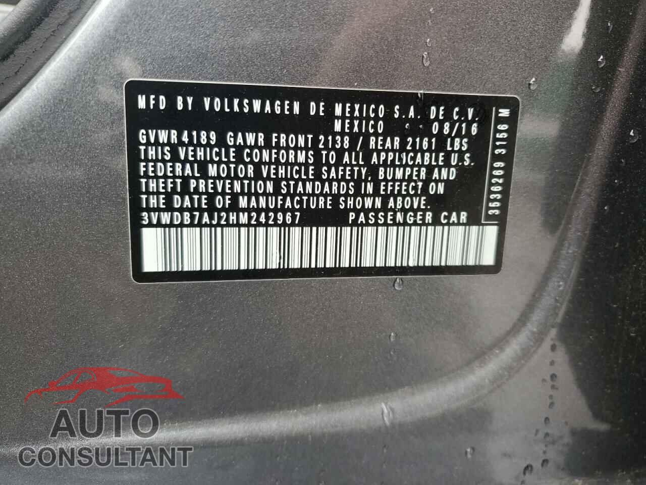 VOLKSWAGEN JETTA 2017 - 3VWDB7AJ2HM242967