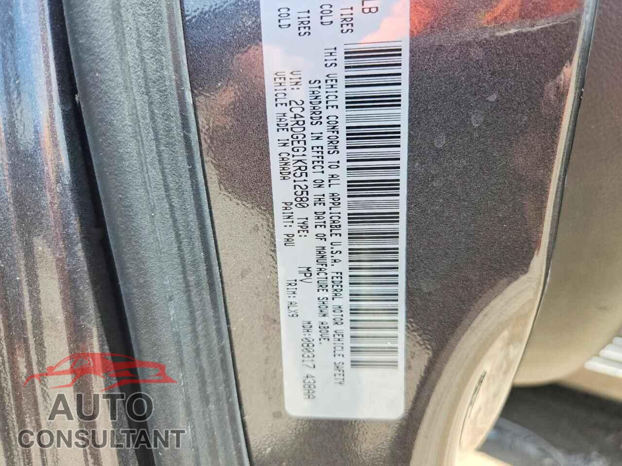 DODGE CARAVAN 2019 - 2C4RDGEG1KR512580