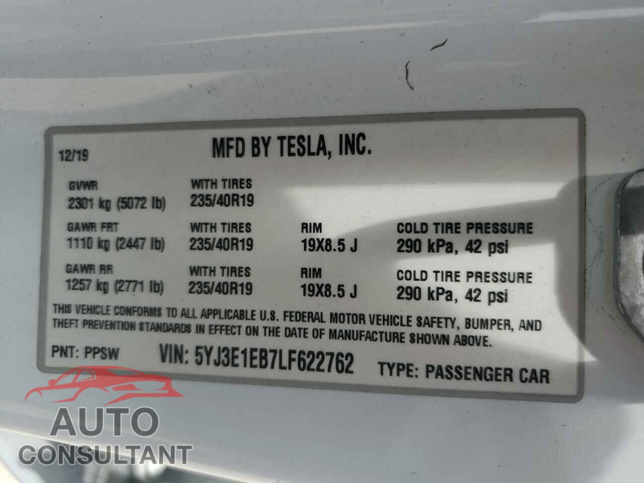 TESLA MODEL 3 2020 - 5YJ3E1EB7LF622762