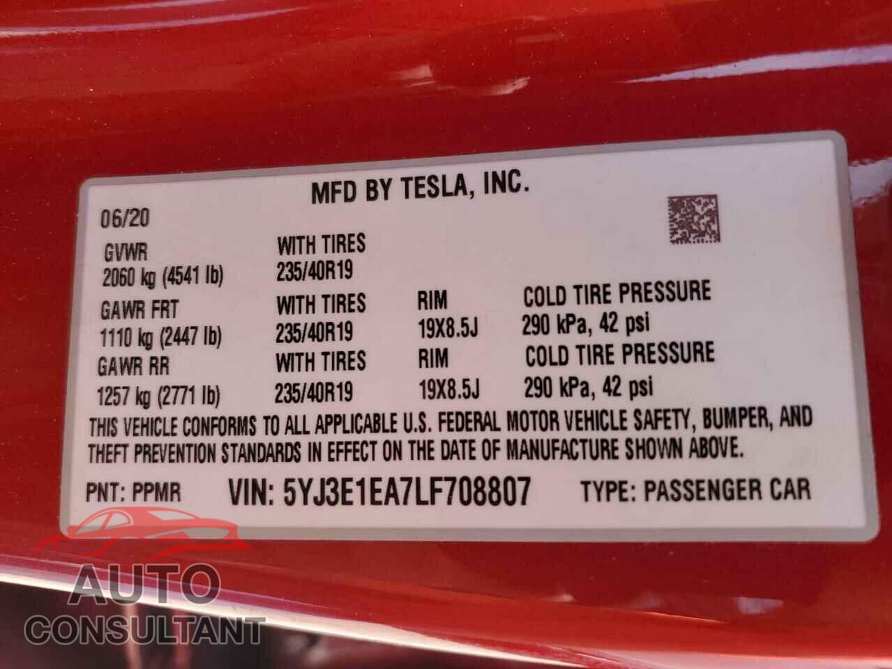 TESLA MODEL 3 2020 - 5YJ3E1EA7LF708807