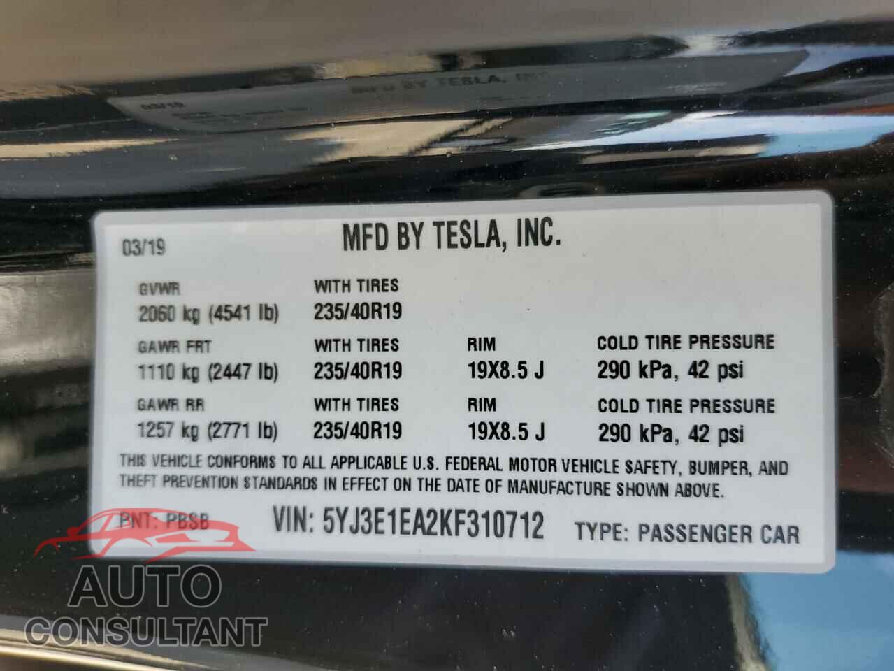 TESLA MODEL 3 2019 - 5YJ3E1EA2KF310712