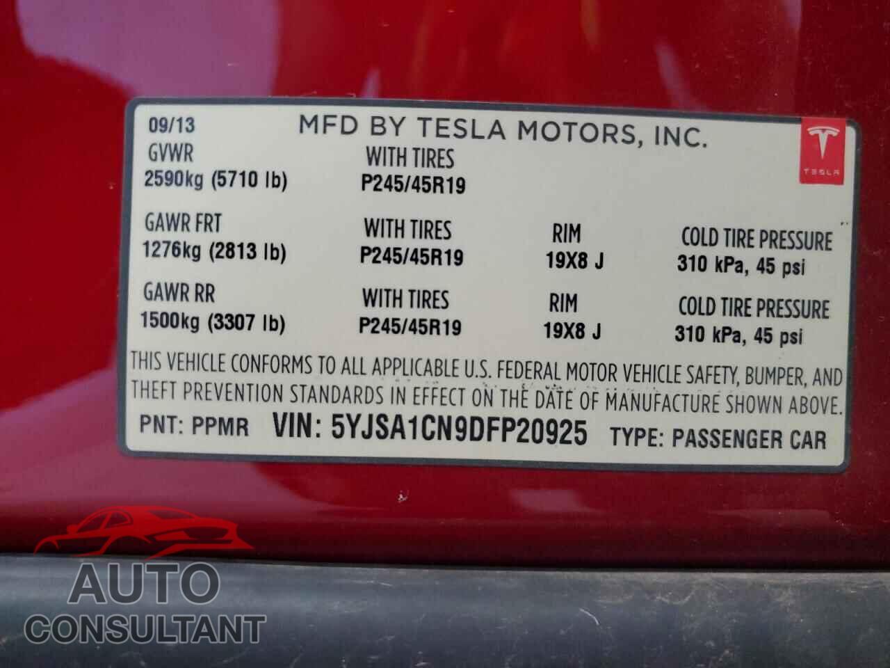 TESLA MODEL S 2013 - 5YJSA1CN9DFP20925