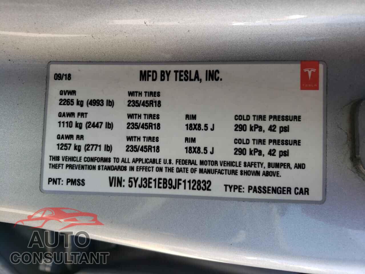TESLA MODEL 3 2018 - 5YJ3E1EB9JF112832