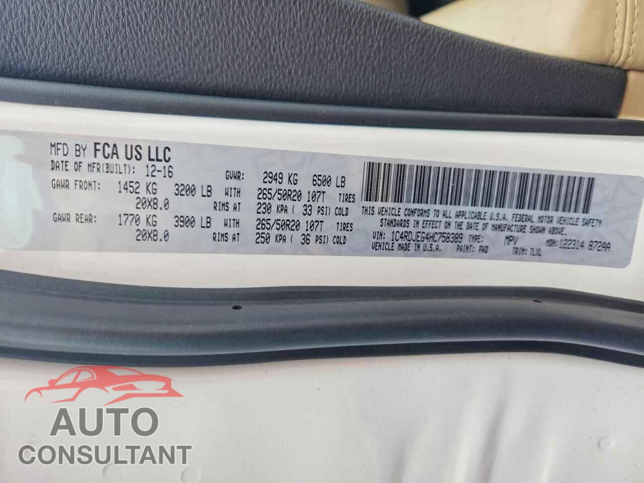 DODGE DURANGO 2017 - 1C4RDJEG4HC758389