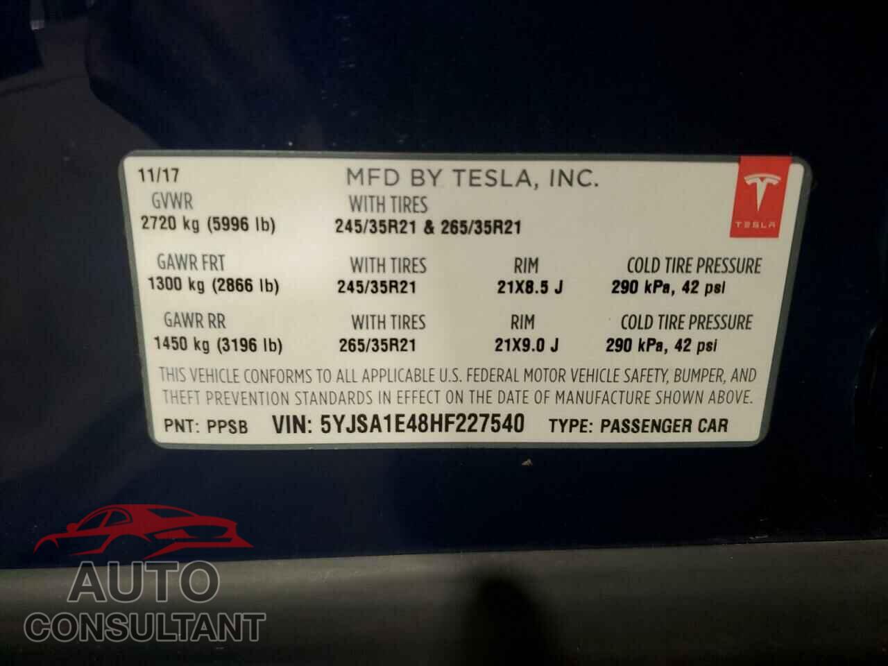 TESLA MODEL S 2017 - 5YJSA1E48HF227540