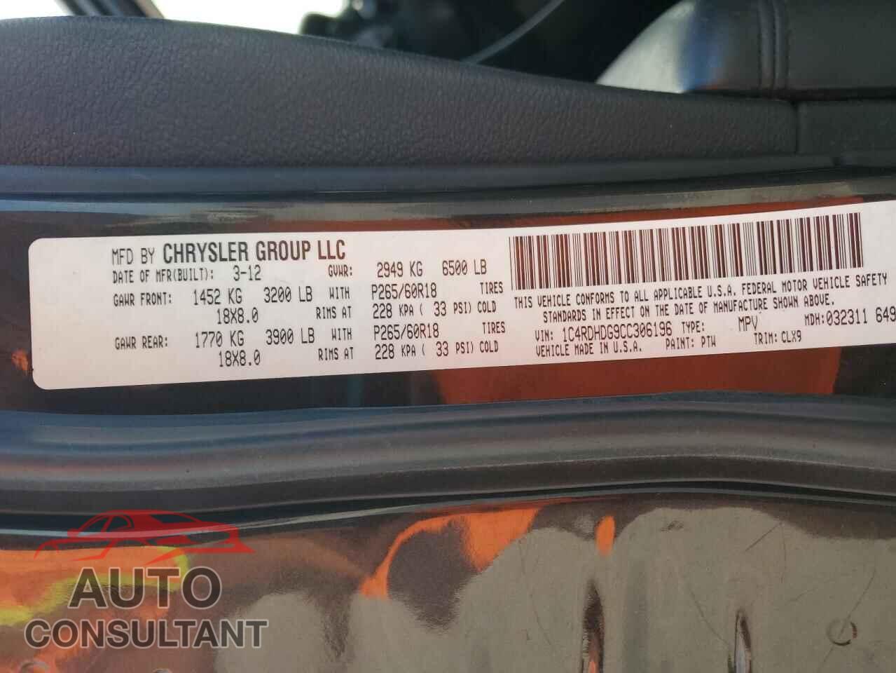 DODGE DURANGO 2012 - 1C4RDHDG9CC306196